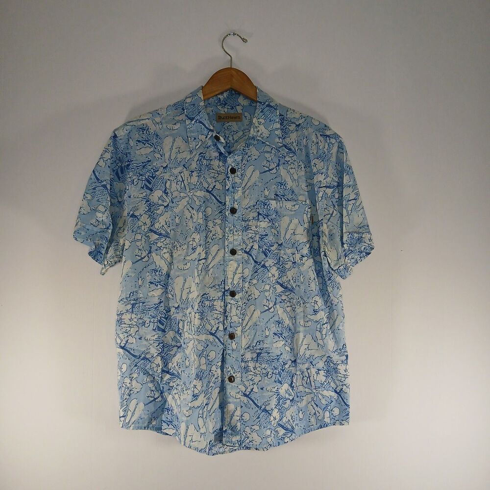 Ruff Hewn Hawaiian Camp Shirt Mens L Blue Tropical Button Up Beach Aloha